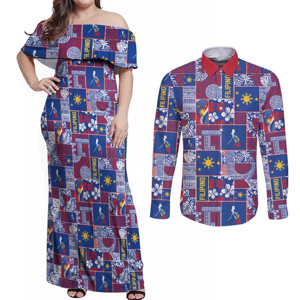 Filipino Maligayang Pasko Couples Matching Off Shoulder Maxi Dress and Long Sleeve Button Shirt Pacific Patchwork Xmas Vibes LT9 Blue - Polynesian Pride