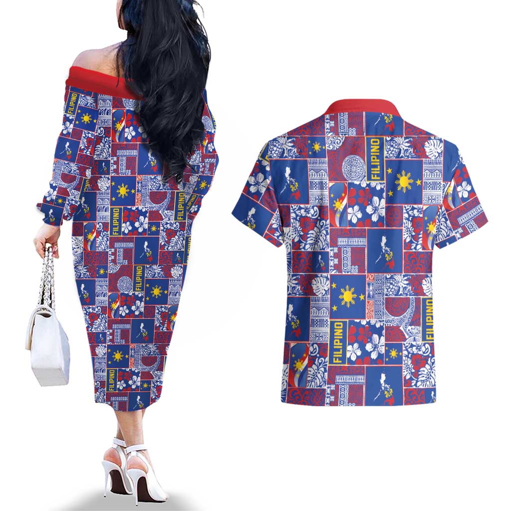 Filipino Maligayang Pasko Couples Matching Off The Shoulder Long Sleeve Dress and Hawaiian Shirt Pacific Patchwork Xmas Vibes - Polynesian Pride