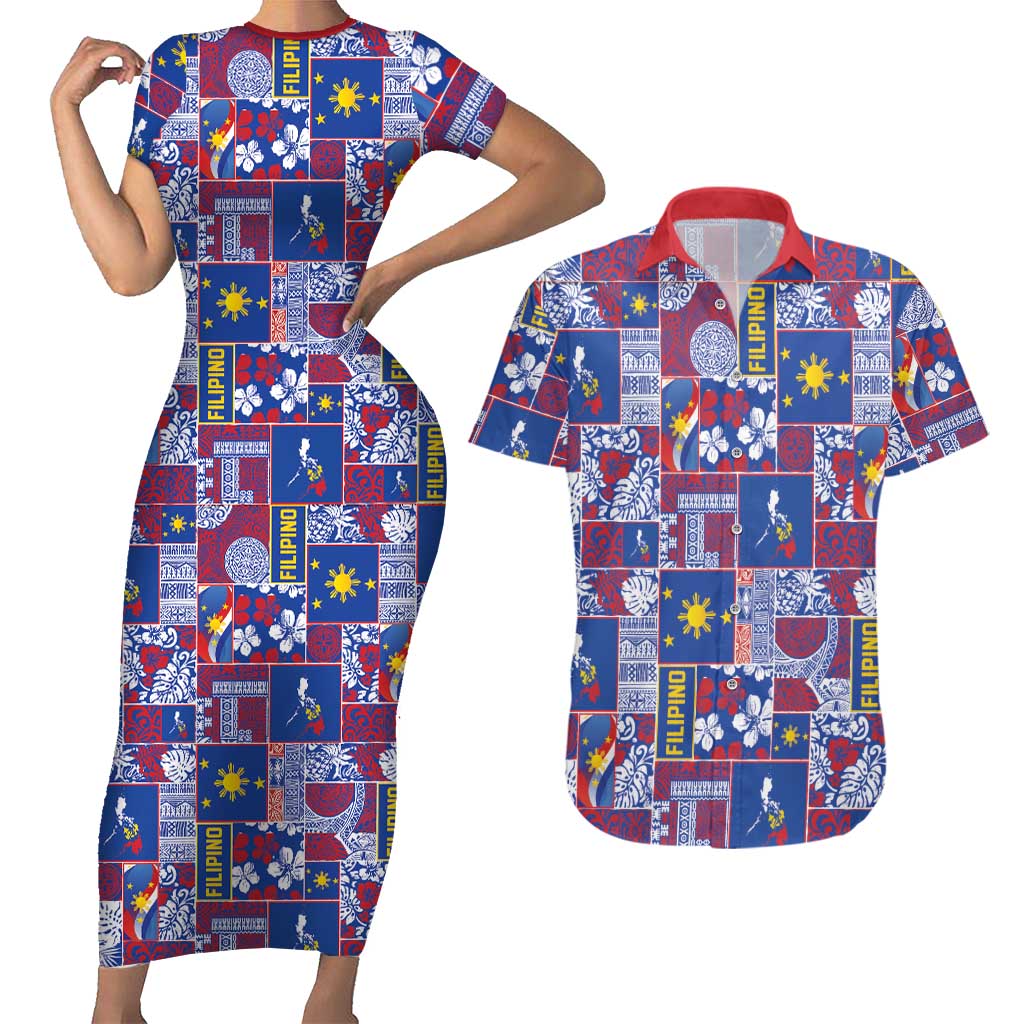 Filipino Maligayang Pasko Couples Matching Short Sleeve Bodycon Dress and Hawaiian Shirt Pacific Patchwork Xmas Vibes - Polynesian Pride