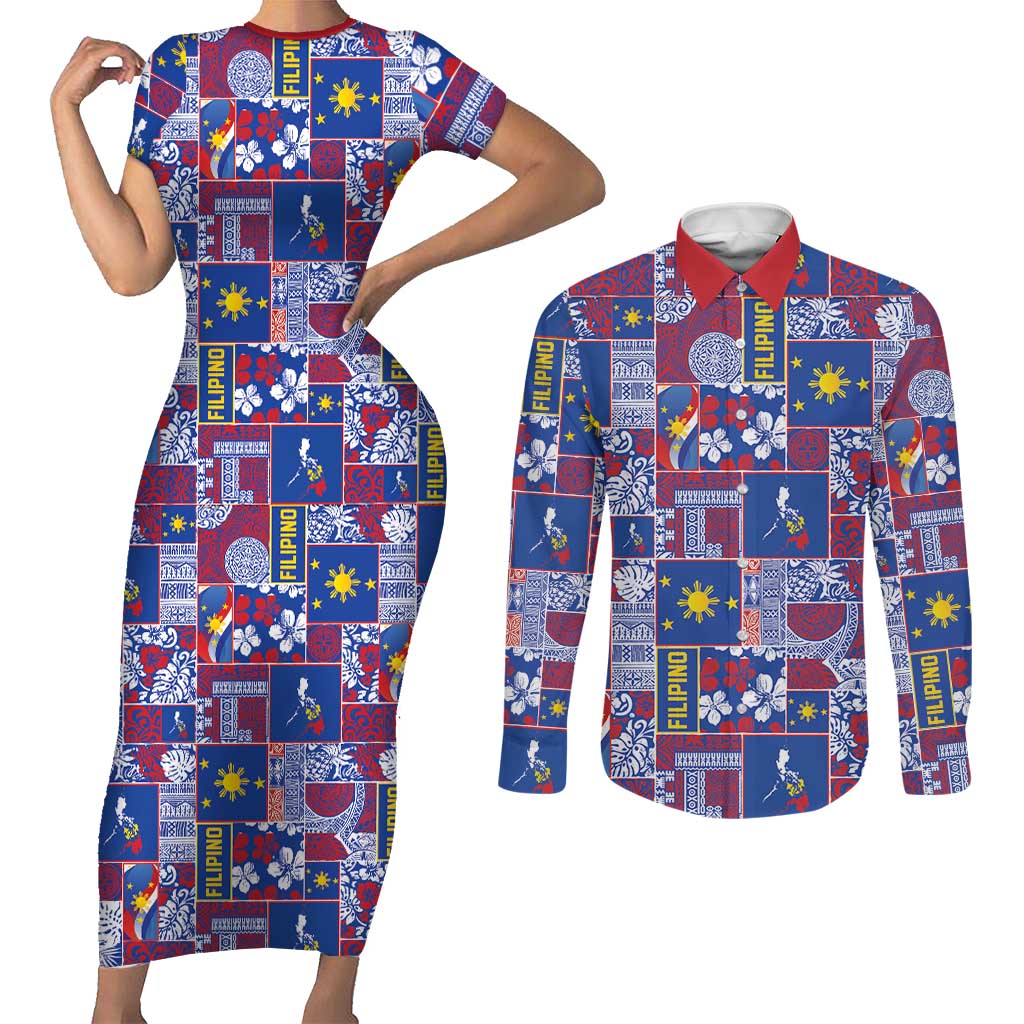 Filipino Maligayang Pasko Couples Matching Short Sleeve Bodycon Dress and Long Sleeve Button Shirt Pacific Patchwork Xmas Vibes - Polynesian Pride