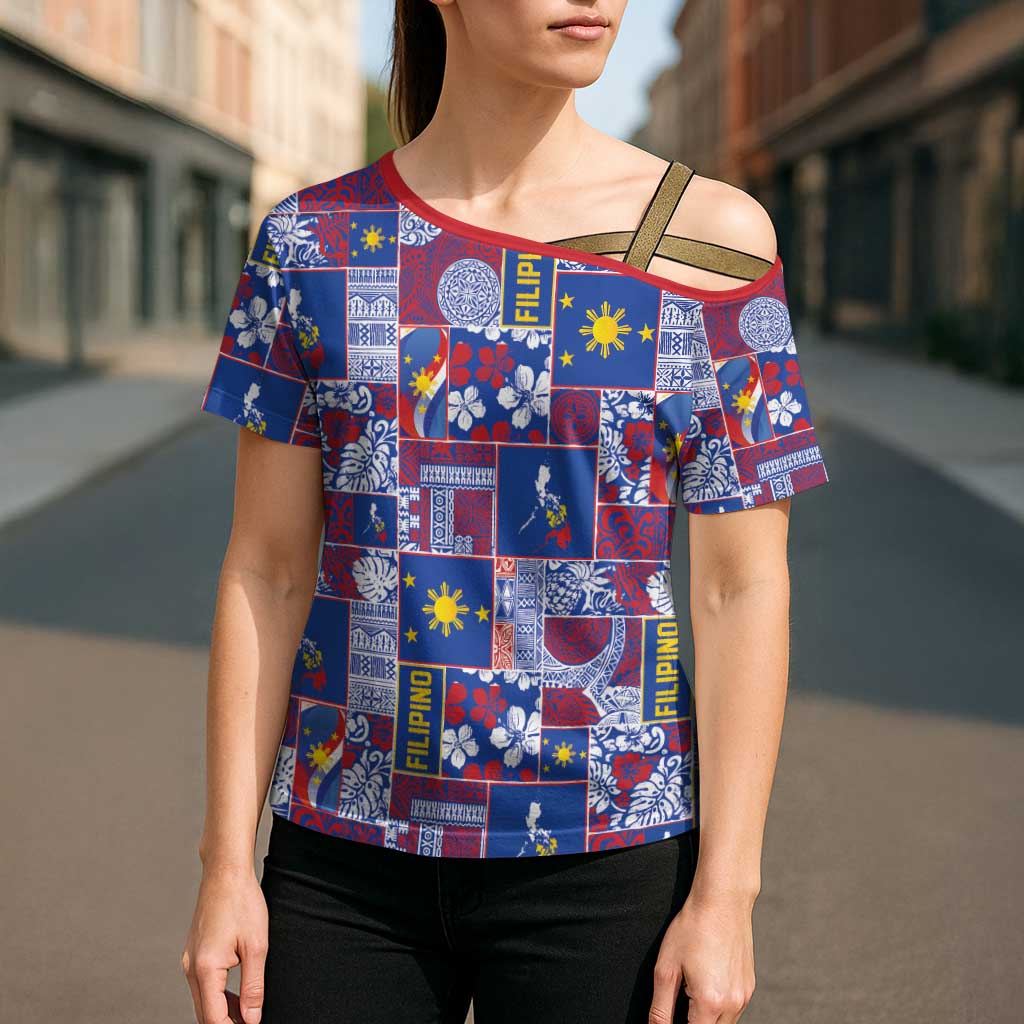 Filipino Maligayang Pasko Cross Shoulder Shirt Pacific Patchwork Xmas Vibes - Polynesian Pride