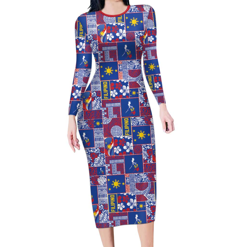 Filipino Maligayang Pasko Family Matching Long Sleeve Bodycon Dress and Hawaiian Shirt Pacific Patchwork Xmas Vibes LT9 Mom's Dress Blue - Polynesian Pride