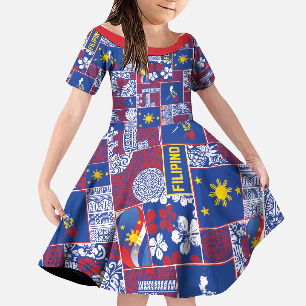 Filipino Maligayang Pasko Family Matching Off Shoulder Short Dress and Hawaiian Shirt Pacific Patchwork Xmas Vibes - Polynesian Pride