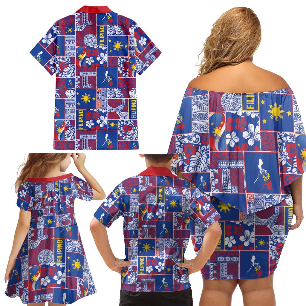 Filipino Maligayang Pasko Family Matching Off Shoulder Short Dress and Hawaiian Shirt Pacific Patchwork Xmas Vibes - Polynesian Pride
