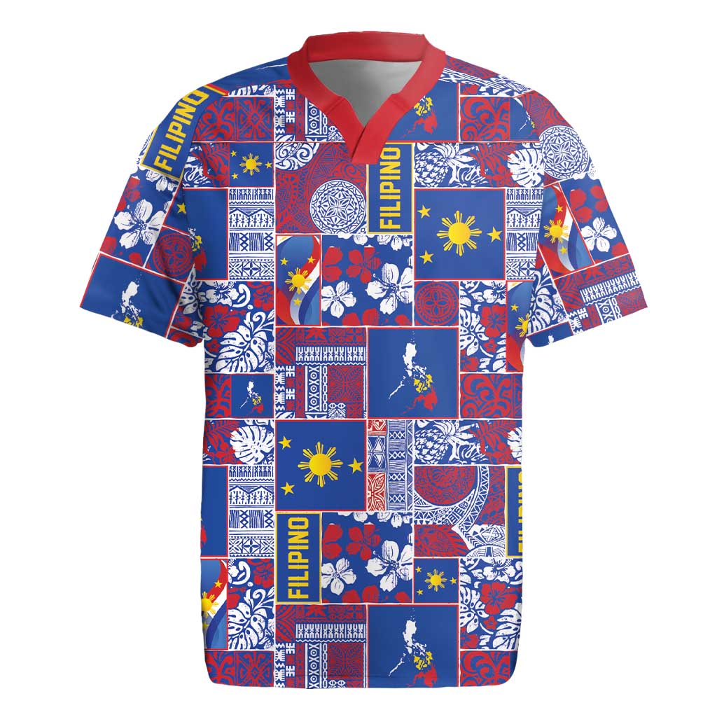 Filipino Maligayang Pasko Rugby Jersey Pacific Patchwork Xmas Vibes LT9 Blue - Polynesian Pride