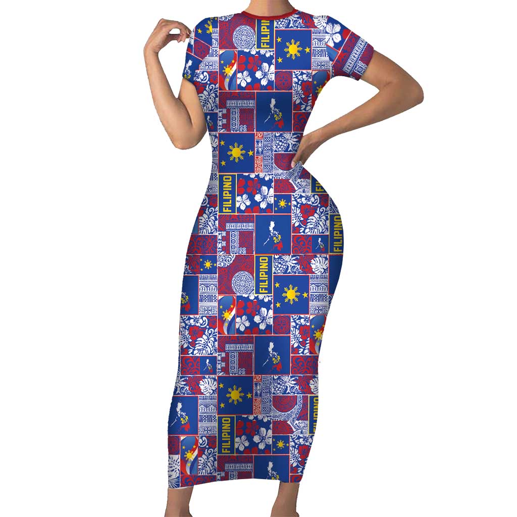 Filipino Maligayang Pasko Short Sleeve Bodycon Dress Pacific Patchwork Xmas Vibes LT9 Long Dress Blue - Polynesian Pride