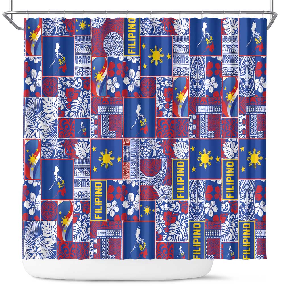 Filipino Maligayang Pasko Shower Curtain Pacific Patchwork Xmas Vibes LT9 Blue - Polynesian Pride