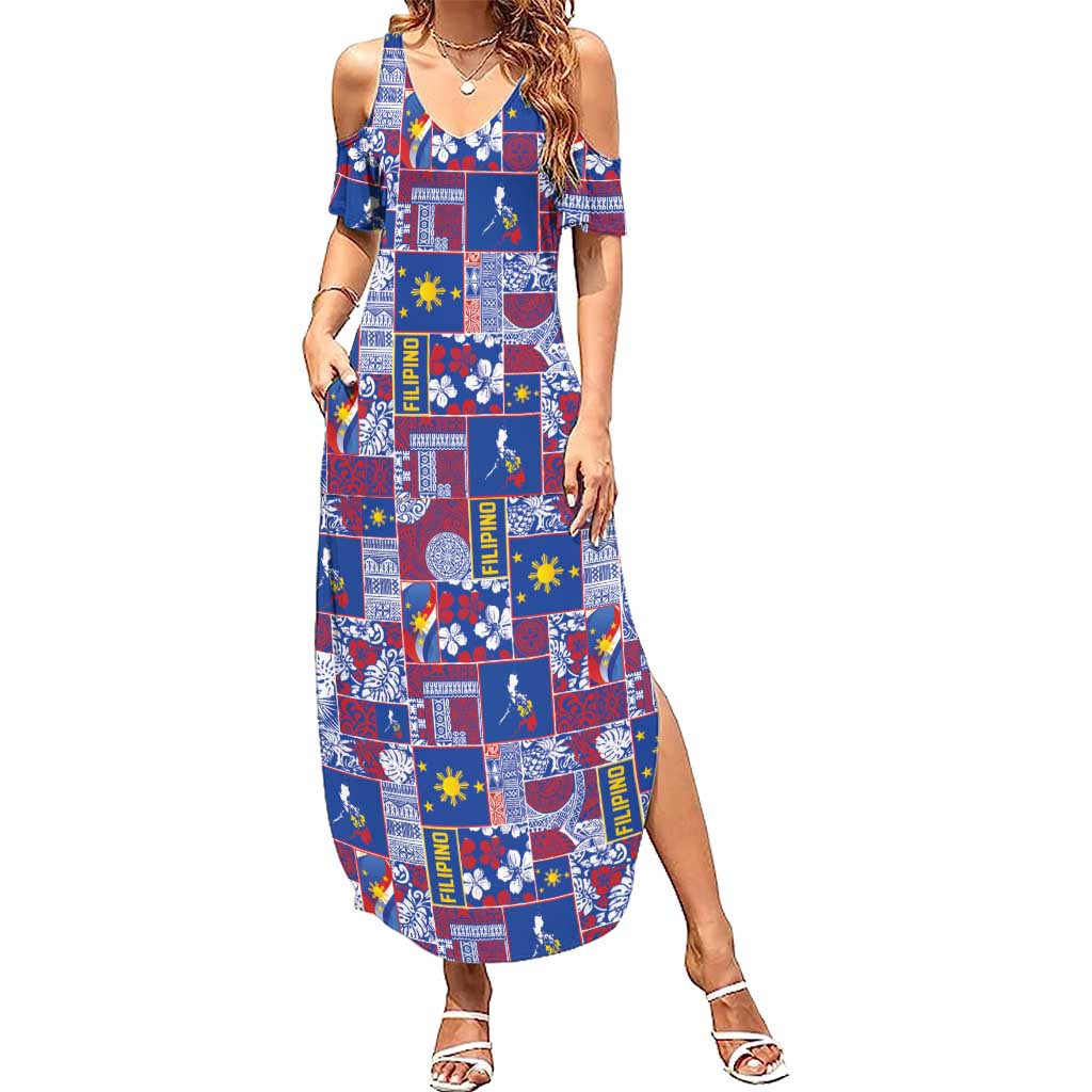 Filipino Maligayang Pasko Summer Maxi Dress Pacific Patchwork Xmas Vibes LT9 Women Blue - Polynesian Pride