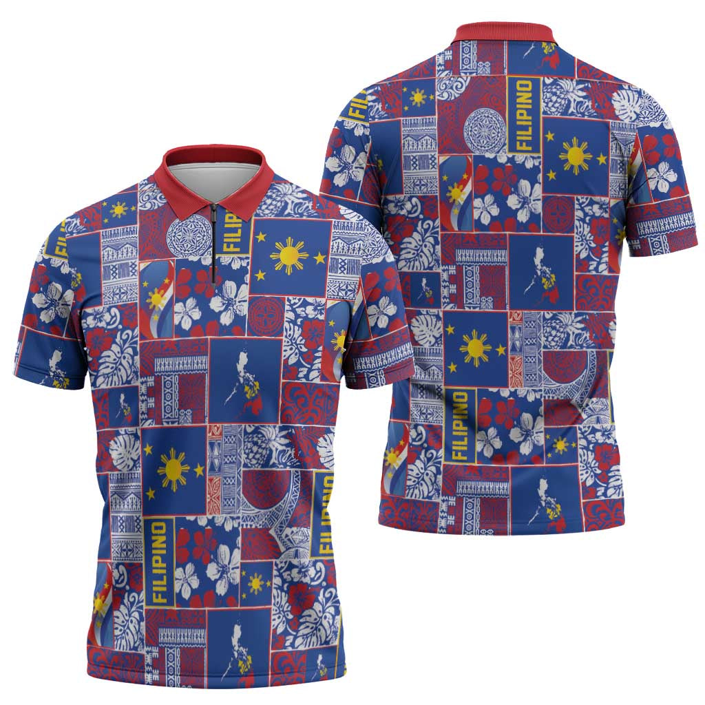Filipino Maligayang Pasko Zipper Polo Shirt Pacific Patchwork Xmas Vibes - Polynesian Pride