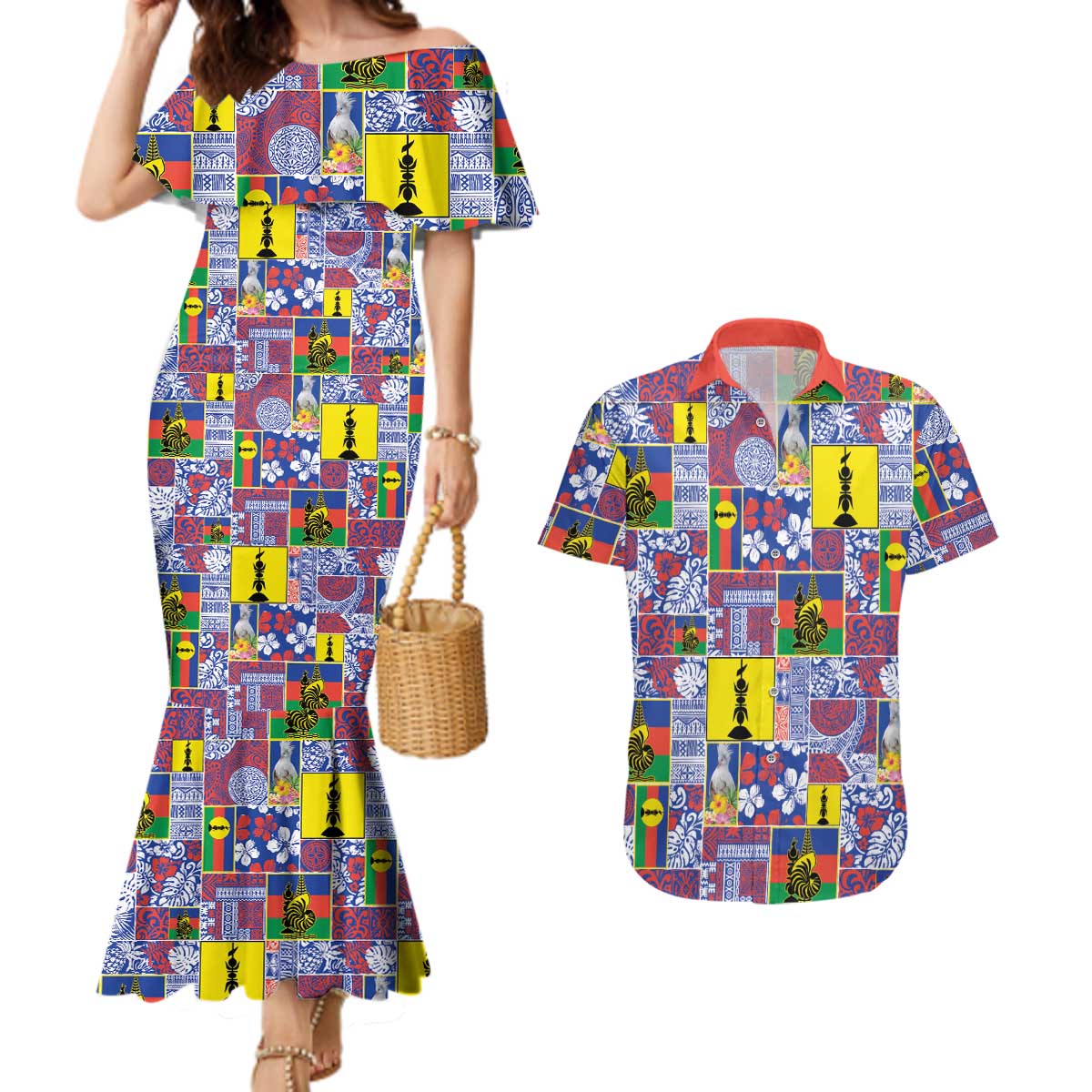 New Caledonia Joyeux Noel Couples Matching Mermaid Dress and Hawaiian Shirt Pacific Patchwork Xmas Vibes LT9 Blue - Polynesian Pride