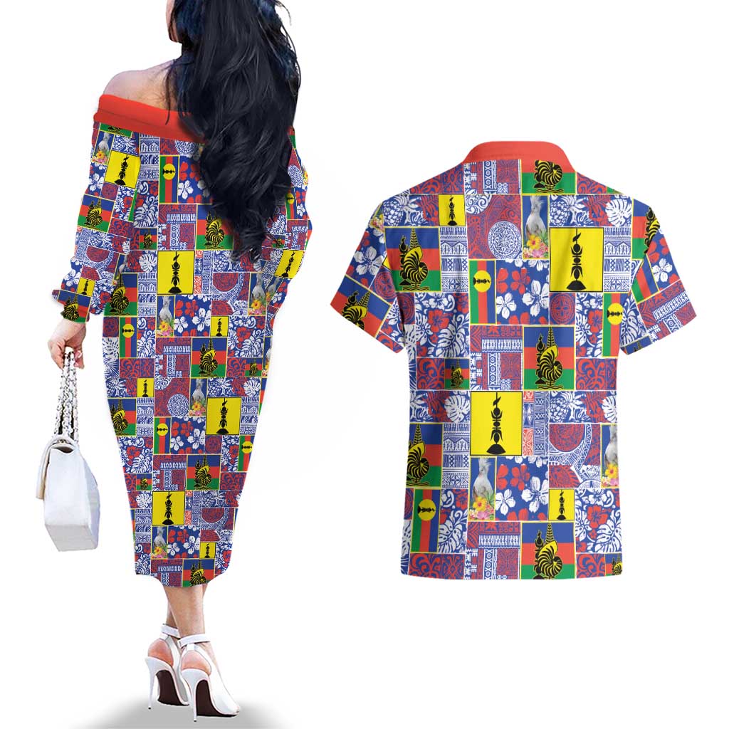 New Caledonia Joyeux Noel Couples Matching Off The Shoulder Long Sleeve Dress and Hawaiian Shirt Pacific Patchwork Xmas Vibes - Polynesian Pride