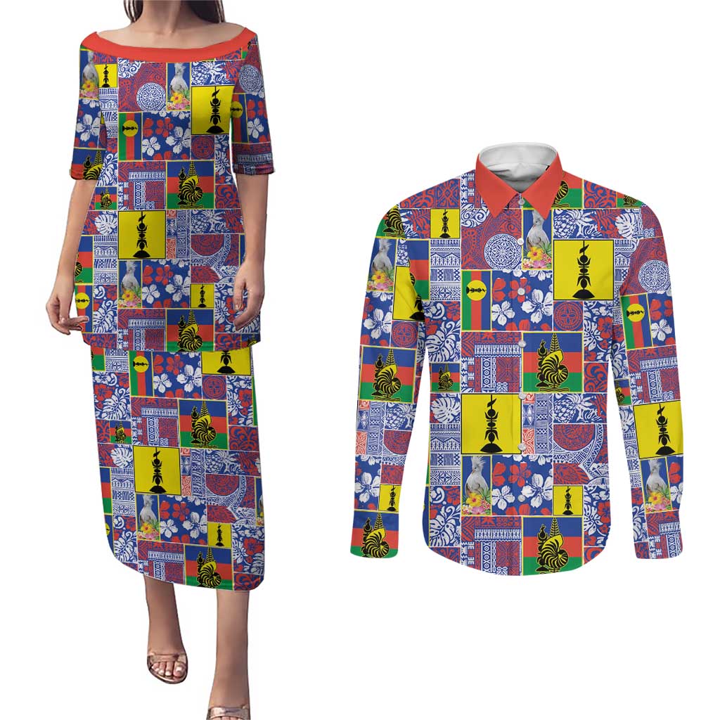 New Caledonia Joyeux Noel Couples Matching Puletasi and Long Sleeve Button Shirt Pacific Patchwork Xmas Vibes - Polynesian Pride