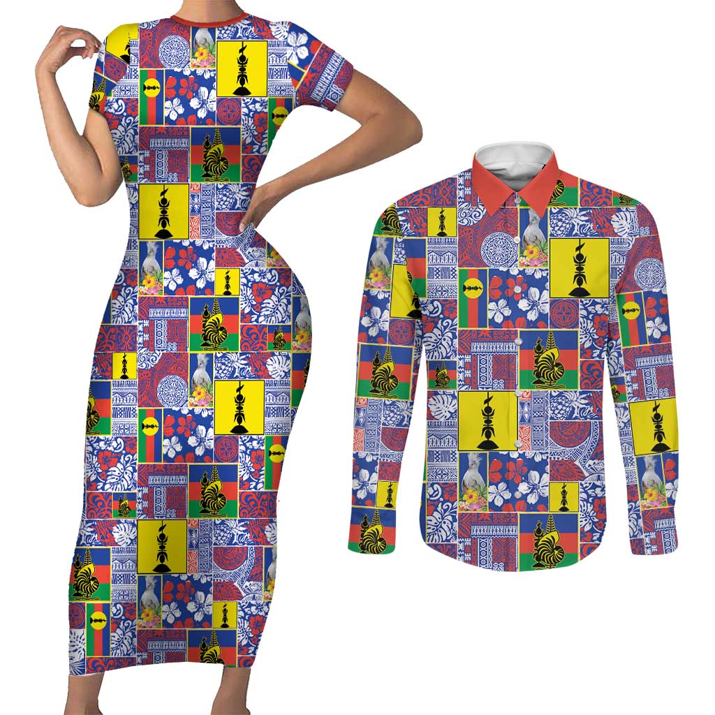 New Caledonia Joyeux Noel Couples Matching Short Sleeve Bodycon Dress and Long Sleeve Button Shirt Pacific Patchwork Xmas Vibes - Polynesian Pride