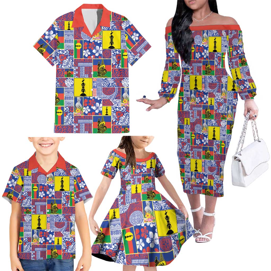 New Caledonia Joyeux Noel Family Matching Off The Shoulder Long Sleeve Dress and Hawaiian Shirt Pacific Patchwork Xmas Vibes - Polynesian Pride