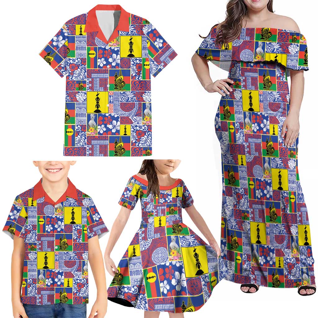 New Caledonia Joyeux Noel Family Matching Off Shoulder Maxi Dress and Hawaiian Shirt Pacific Patchwork Xmas Vibes - Polynesian Pride