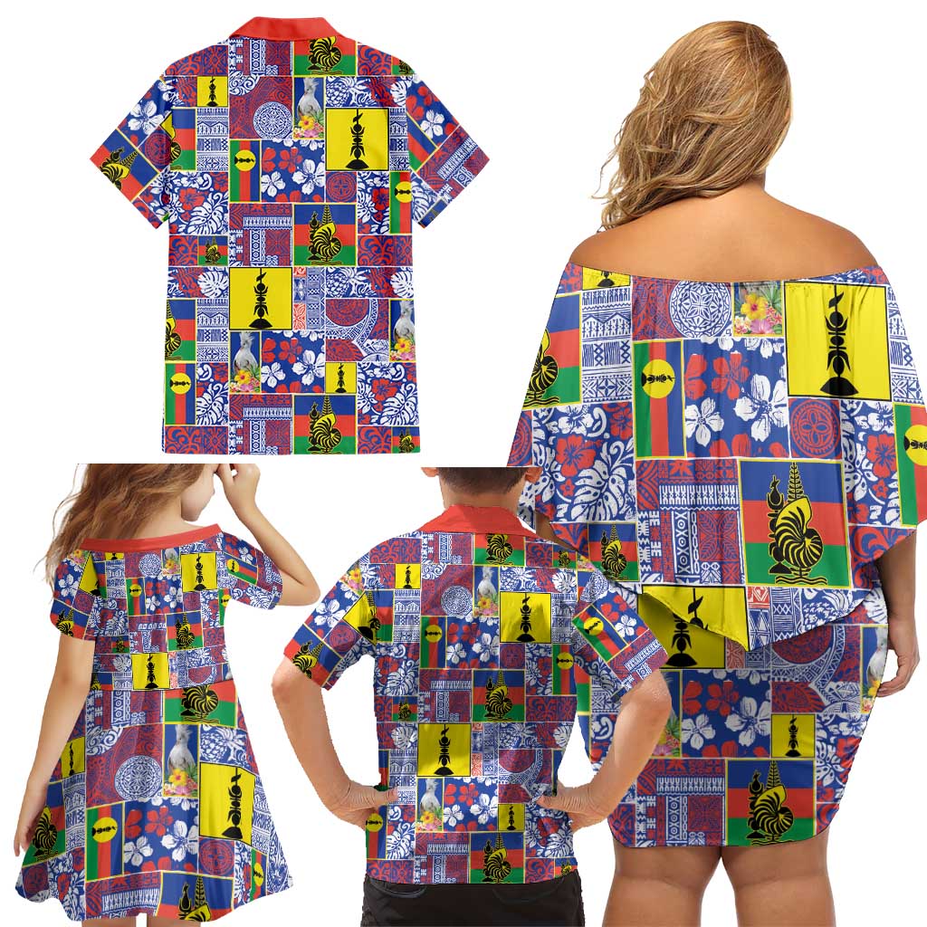 New Caledonia Joyeux Noel Family Matching Off Shoulder Short Dress and Hawaiian Shirt Pacific Patchwork Xmas Vibes - Polynesian Pride