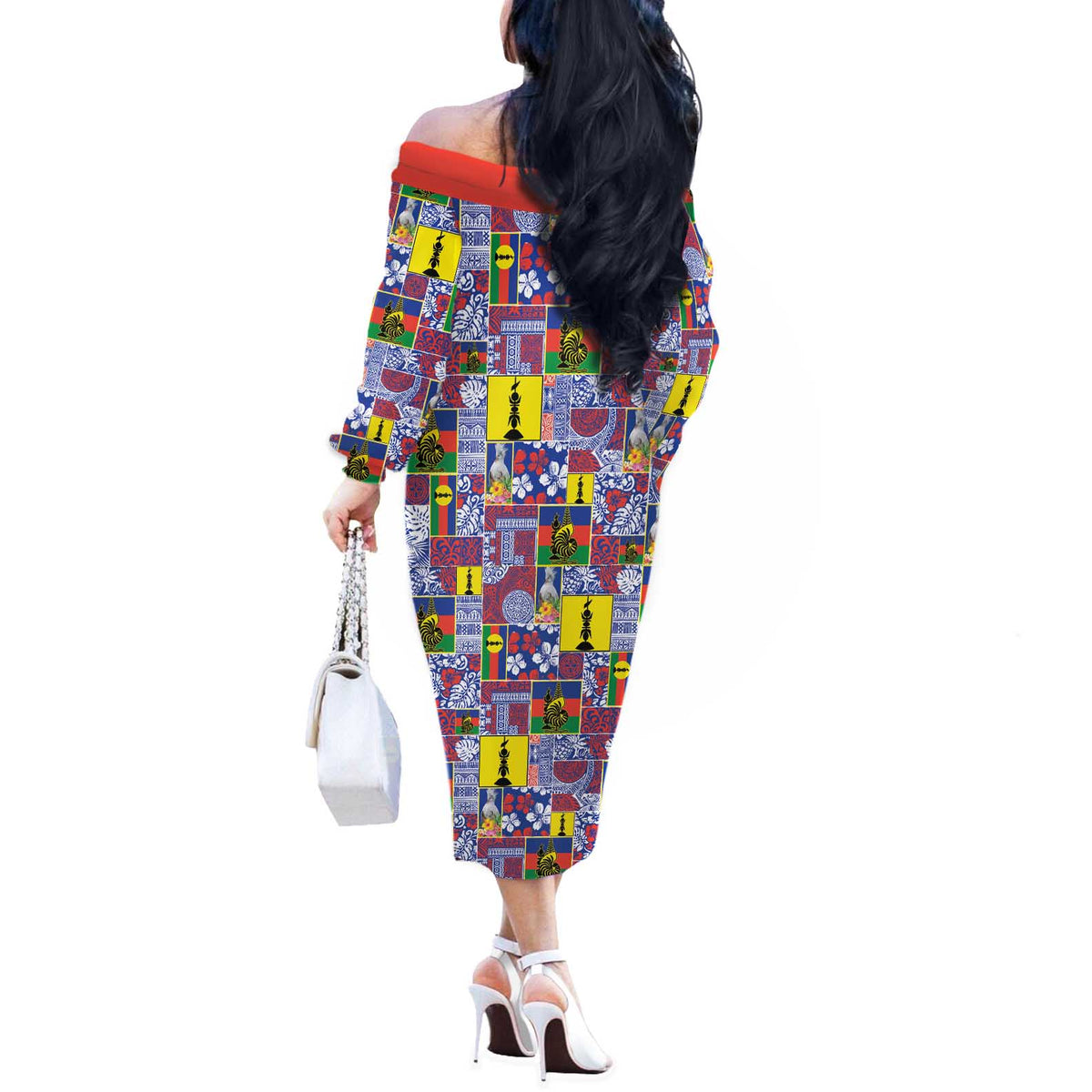 New Caledonia Joyeux Noel Off The Shoulder Long Sleeve Dress Pacific Patchwork Xmas Vibes - Polynesian Pride