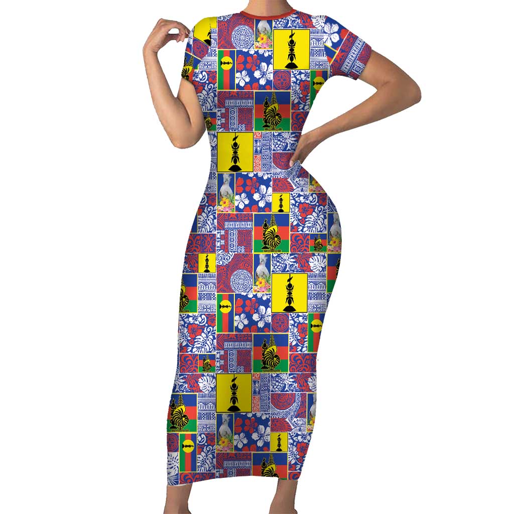 New Caledonia Joyeux Noel Short Sleeve Bodycon Dress Pacific Patchwork Xmas Vibes - Polynesian Pride
