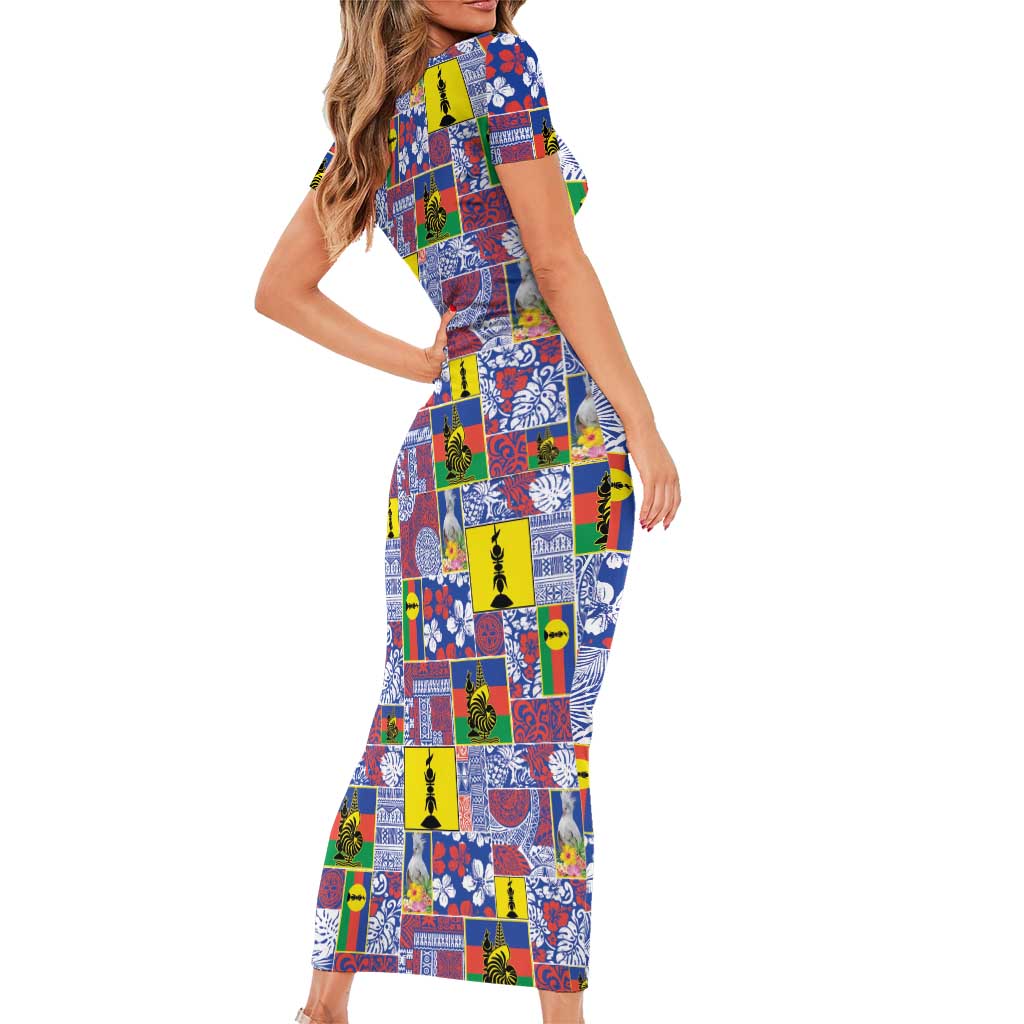 New Caledonia Joyeux Noel Short Sleeve Bodycon Dress Pacific Patchwork Xmas Vibes - Polynesian Pride