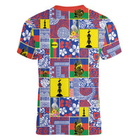 New Caledonia Joyeux Noel Women V-Neck T-Shirt Pacific Patchwork Xmas Vibes - Polynesian Pride