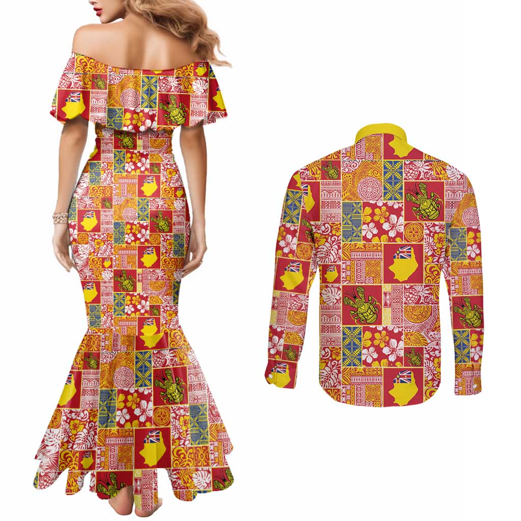 Niue Monuina e Kilisimasi Couples Matching Mermaid Dress and Long Sleeve Button Shirt Pacific Patchwork Xmas Vibes - Polynesian Pride