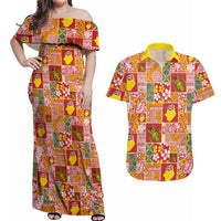 Niue Monuina e Kilisimasi Couples Matching Off Shoulder Maxi Dress and Hawaiian Shirt Pacific Patchwork Xmas Vibes - Polynesian Pride
