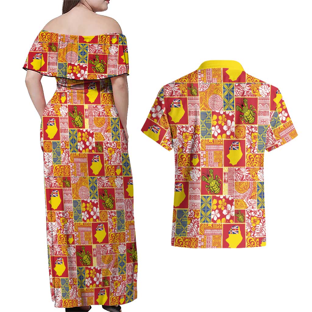 Niue Monuina e Kilisimasi Couples Matching Off Shoulder Maxi Dress and Hawaiian Shirt Pacific Patchwork Xmas Vibes - Polynesian Pride