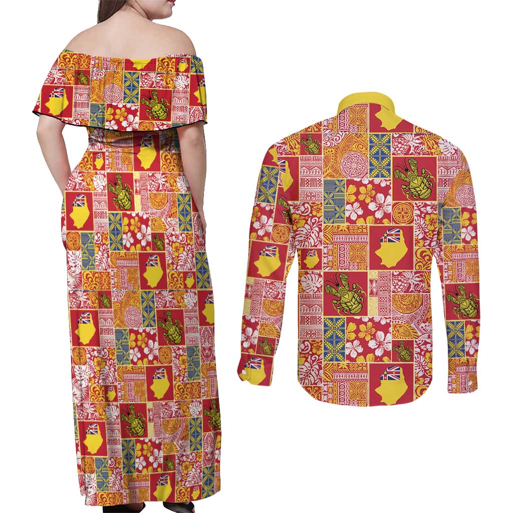 Niue Monuina e Kilisimasi Couples Matching Off Shoulder Maxi Dress and Long Sleeve Button Shirt Pacific Patchwork Xmas Vibes - Polynesian Pride