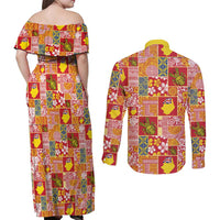 Niue Monuina e Kilisimasi Couples Matching Off Shoulder Maxi Dress and Long Sleeve Button Shirt Pacific Patchwork Xmas Vibes - Polynesian Pride