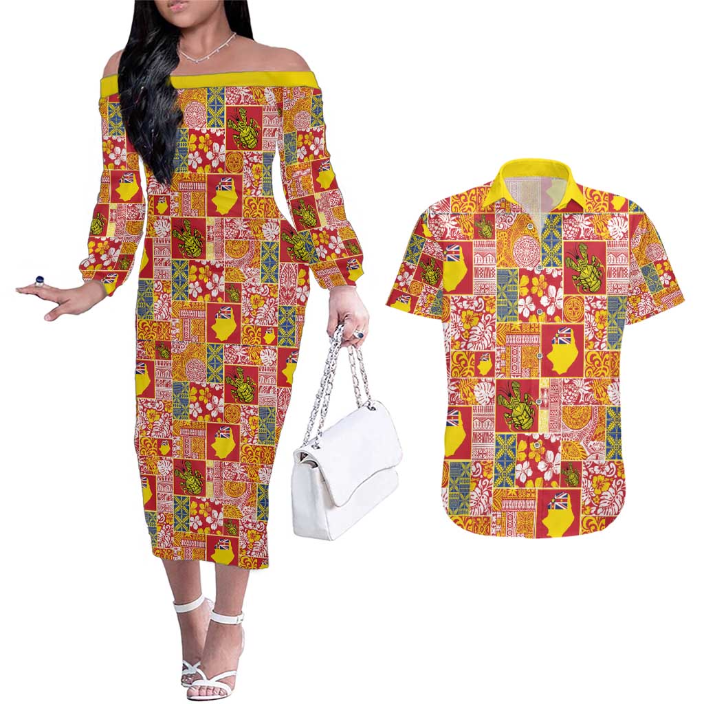 Niue Monuina e Kilisimasi Couples Matching Off The Shoulder Long Sleeve Dress and Hawaiian Shirt Pacific Patchwork Xmas Vibes - Polynesian Pride