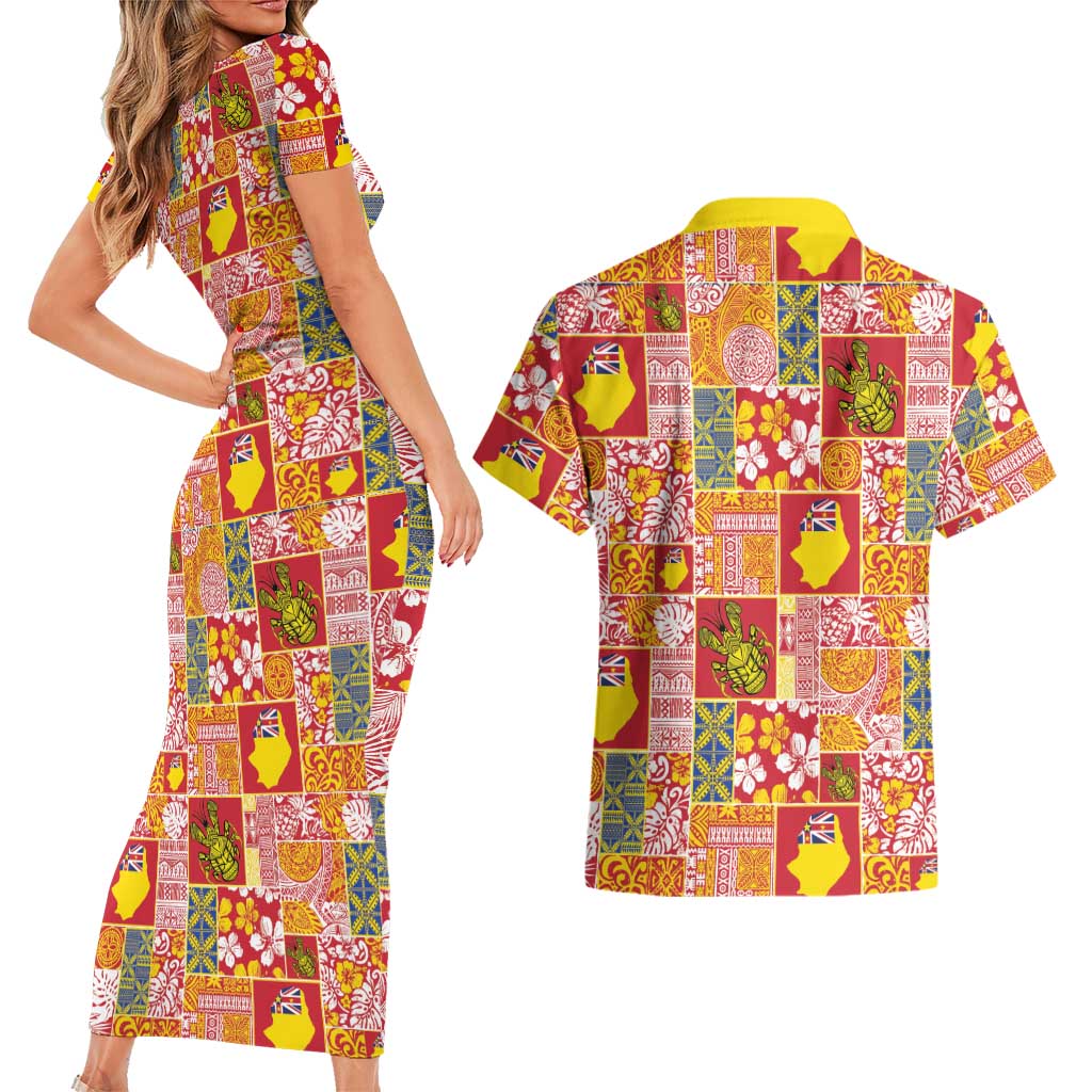 Niue Monuina e Kilisimasi Couples Matching Short Sleeve Bodycon Dress and Hawaiian Shirt Pacific Patchwork Xmas Vibes - Polynesian Pride