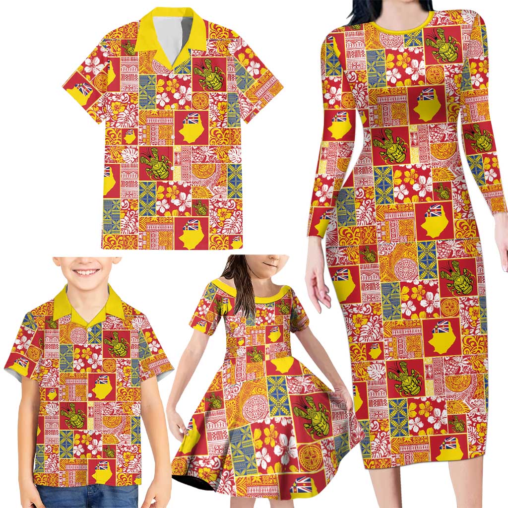 Niue Monuina e Kilisimasi Family Matching Long Sleeve Bodycon Dress and Hawaiian Shirt Pacific Patchwork Xmas Vibes - Polynesian Pride
