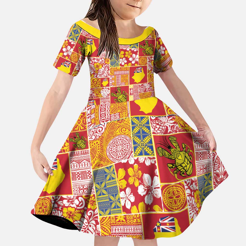 Niue Monuina e Kilisimasi Family Matching Off The Shoulder Long Sleeve Dress and Hawaiian Shirt Pacific Patchwork Xmas Vibes LT9 Daughter's Dress Yellow - Polynesian Pride