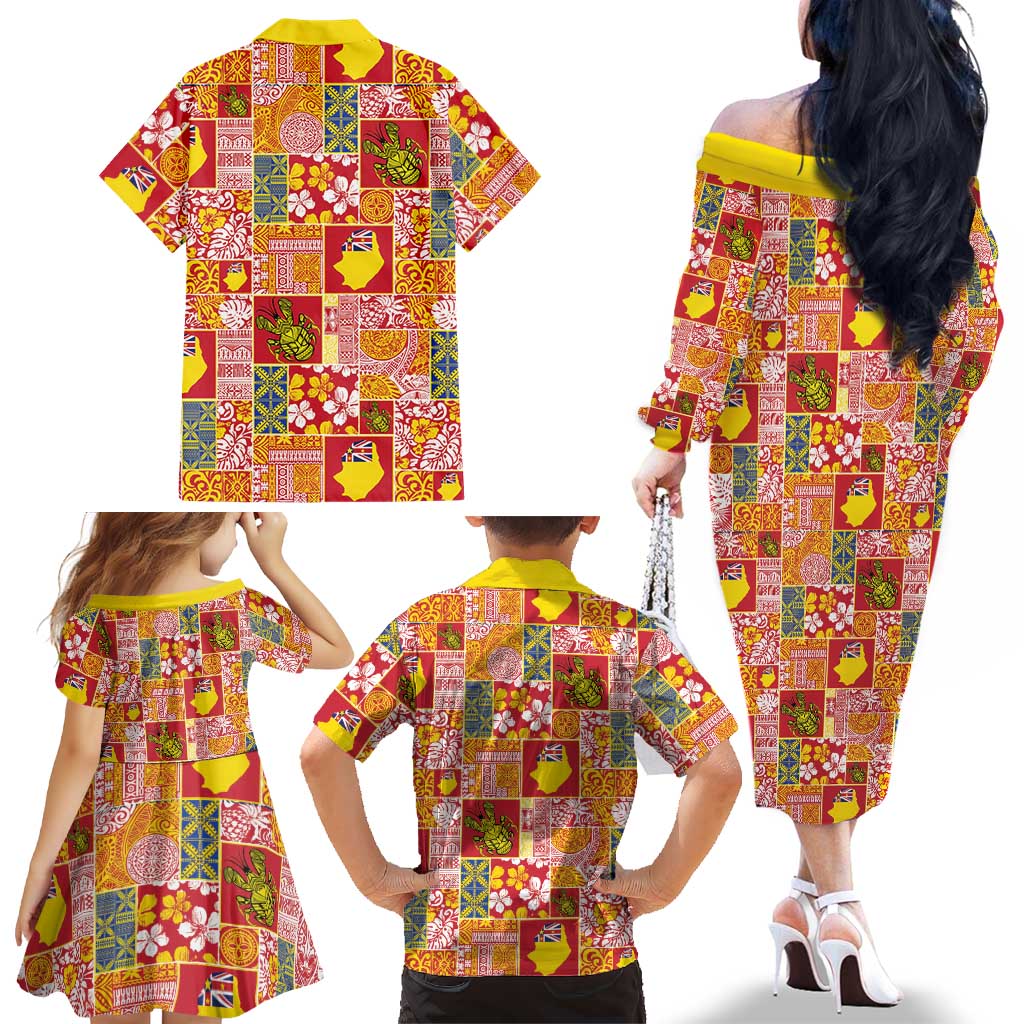 Niue Monuina e Kilisimasi Family Matching Off The Shoulder Long Sleeve Dress and Hawaiian Shirt Pacific Patchwork Xmas Vibes LT9 - Polynesian Pride