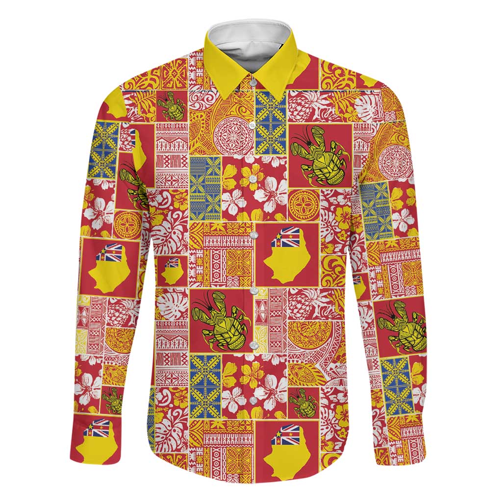 Niue Monuina e Kilisimasi Family Matching Off The Shoulder Long Sleeve Dress and Hawaiian Shirt Pacific Patchwork Xmas Vibes LT9 Dad's Shirt - Long Sleeve Yellow - Polynesian Pride