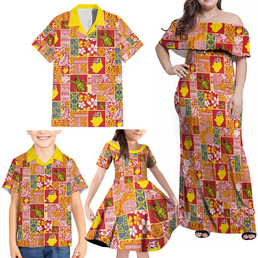 Niue Monuina e Kilisimasi Family Matching Off Shoulder Maxi Dress and Hawaiian Shirt Pacific Patchwork Xmas Vibes - Polynesian Pride