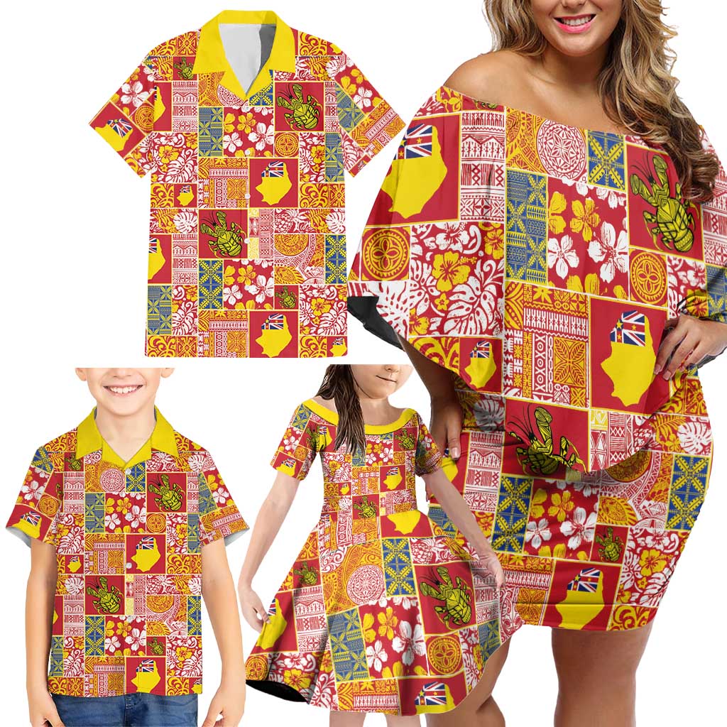 Niue Monuina e Kilisimasi Family Matching Off Shoulder Short Dress and Hawaiian Shirt Pacific Patchwork Xmas Vibes - Polynesian Pride