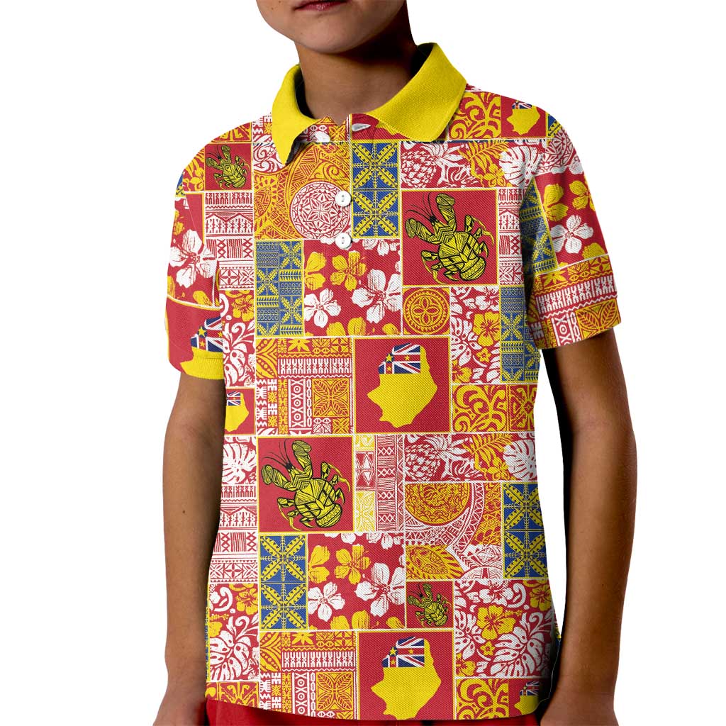 Niue Monuina e Kilisimasi Kid Polo Shirt Pacific Patchwork Xmas Vibes - Polynesian Pride