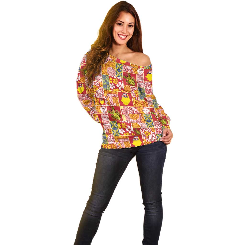 Niue Monuina e Kilisimasi Off Shoulder Sweater Pacific Patchwork Xmas Vibes - Polynesian Pride
