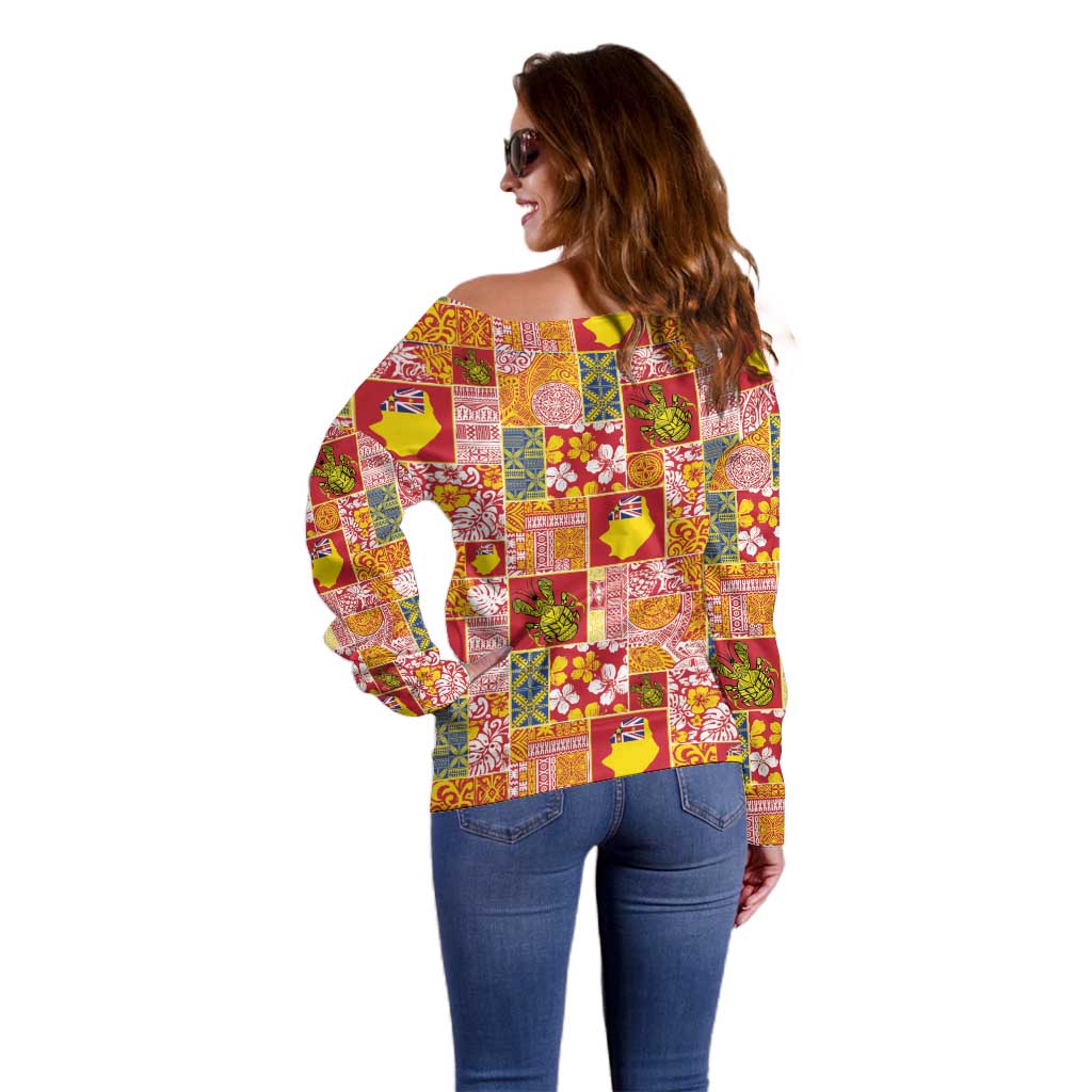 Niue Monuina e Kilisimasi Off Shoulder Sweater Pacific Patchwork Xmas Vibes - Polynesian Pride
