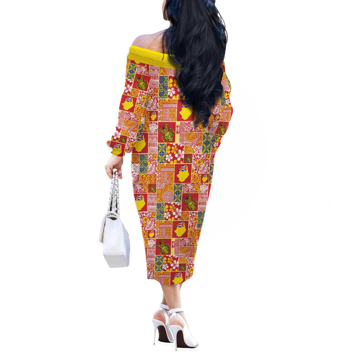 Niue Monuina e Kilisimasi Off The Shoulder Long Sleeve Dress Pacific Patchwork Xmas Vibes - Polynesian Pride