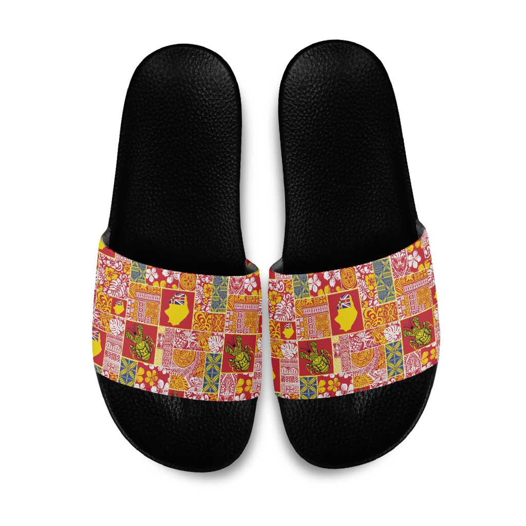 Niue Monuina e Kilisimasi Slide Sandals Pacific Patchwork Xmas Vibes - Polynesian Pride