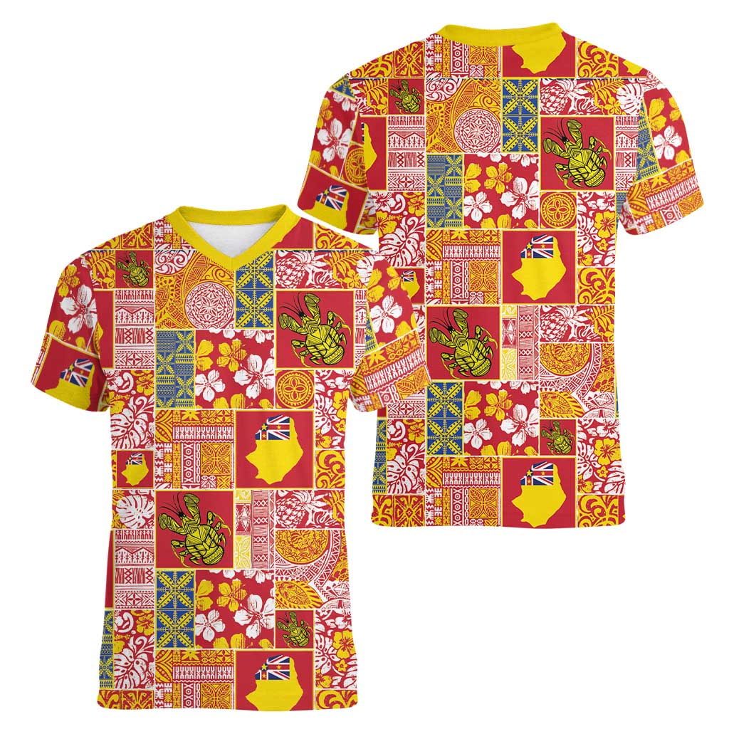 Niue Monuina e Kilisimasi Women V-Neck T-Shirt Pacific Patchwork Xmas Vibes LT9 - Polynesian Pride