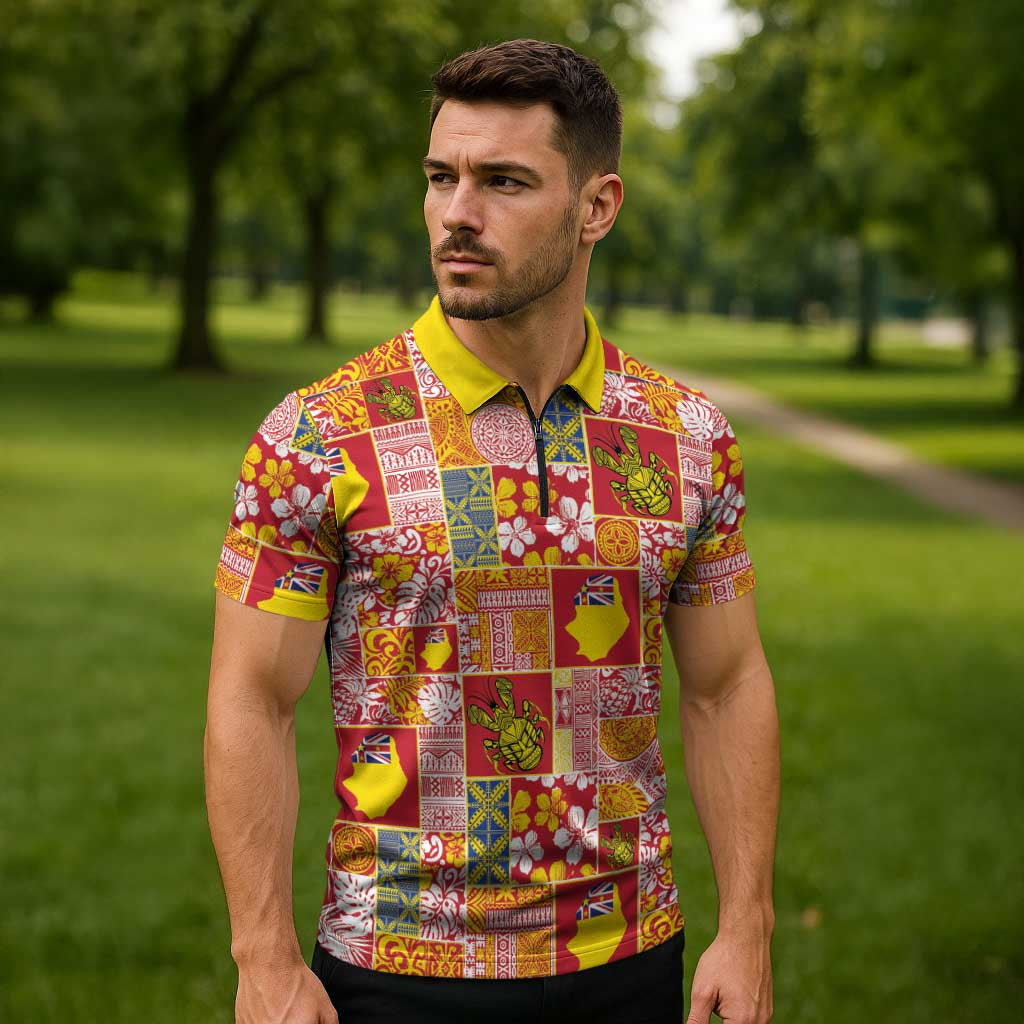 Niue Monuina e Kilisimasi Zipper Polo Shirt Pacific Patchwork Xmas Vibes - Polynesian Pride