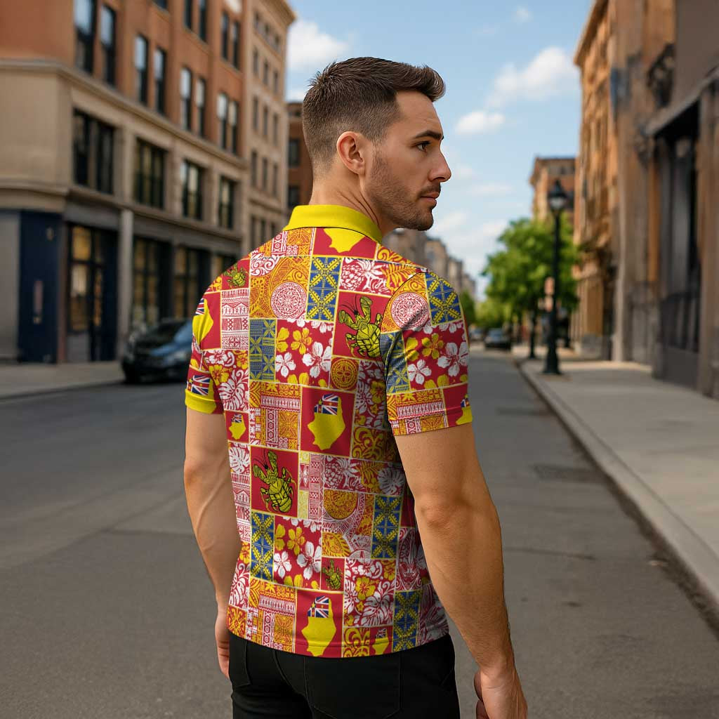 Niue Monuina e Kilisimasi Zipper Polo Shirt Pacific Patchwork Xmas Vibes - Polynesian Pride