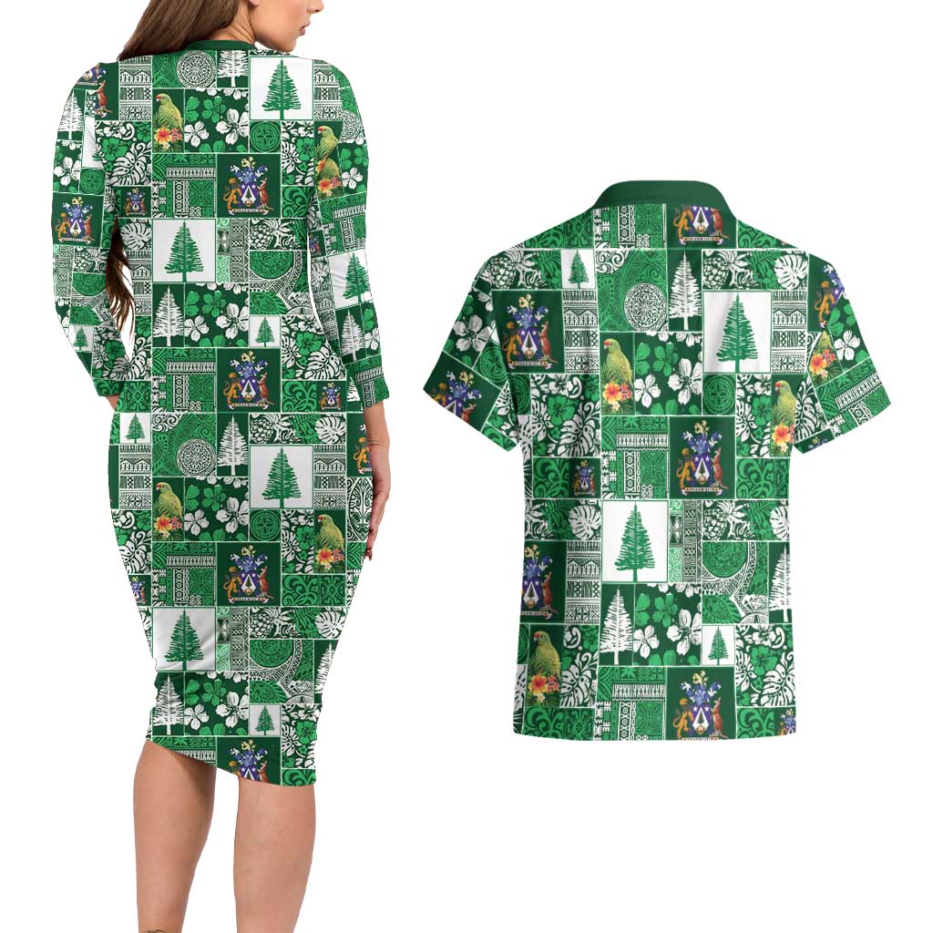 Norfolk Island Meri Krismas Couples Matching Long Sleeve Bodycon Dress and Hawaiian Shirt Pacific Patchwork Xmas Vibes - Polynesian Pride