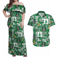 Norfolk Island Meri Krismas Couples Matching Off Shoulder Maxi Dress and Hawaiian Shirt Pacific Patchwork Xmas Vibes - Polynesian Pride