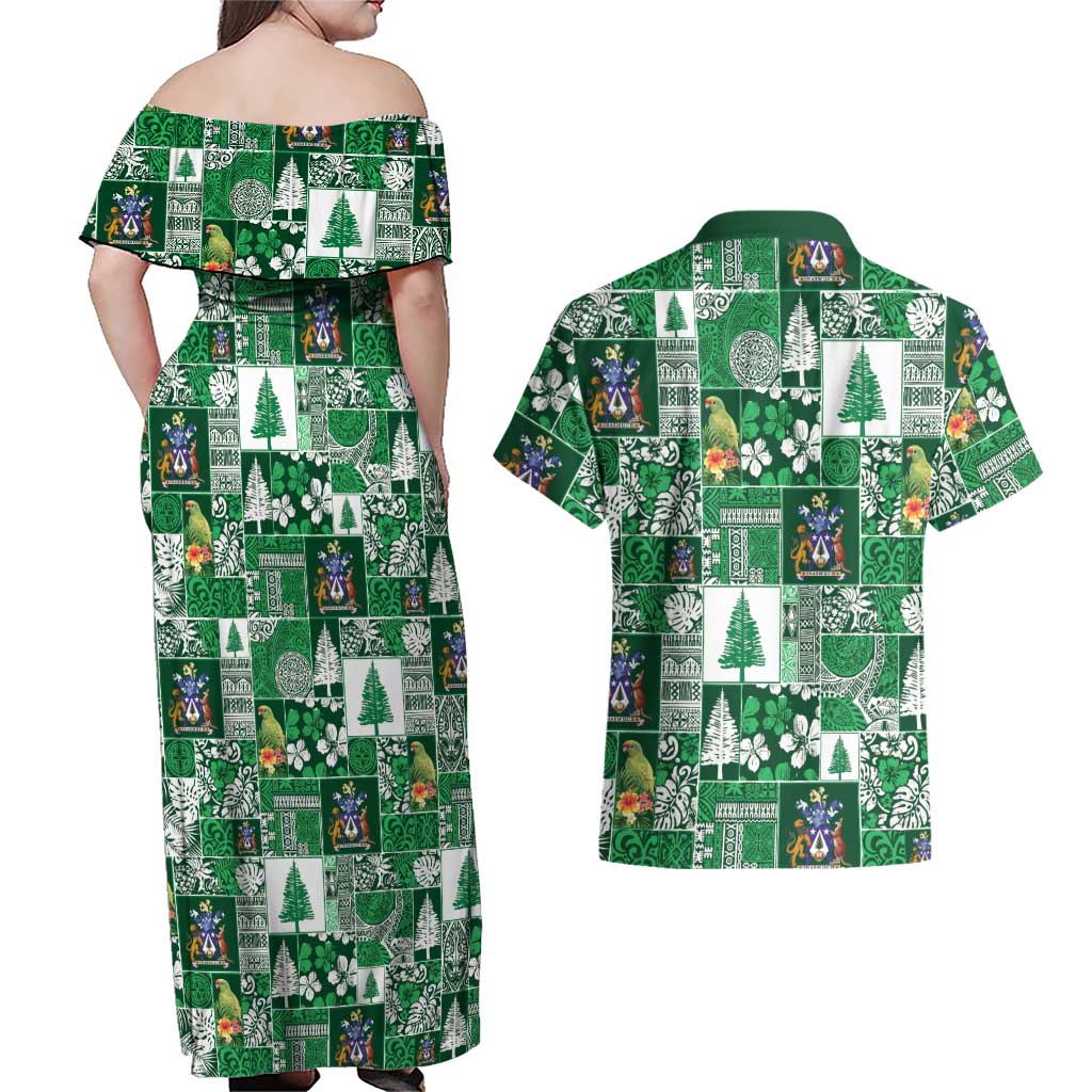 Norfolk Island Meri Krismas Couples Matching Off Shoulder Maxi Dress and Hawaiian Shirt Pacific Patchwork Xmas Vibes - Polynesian Pride