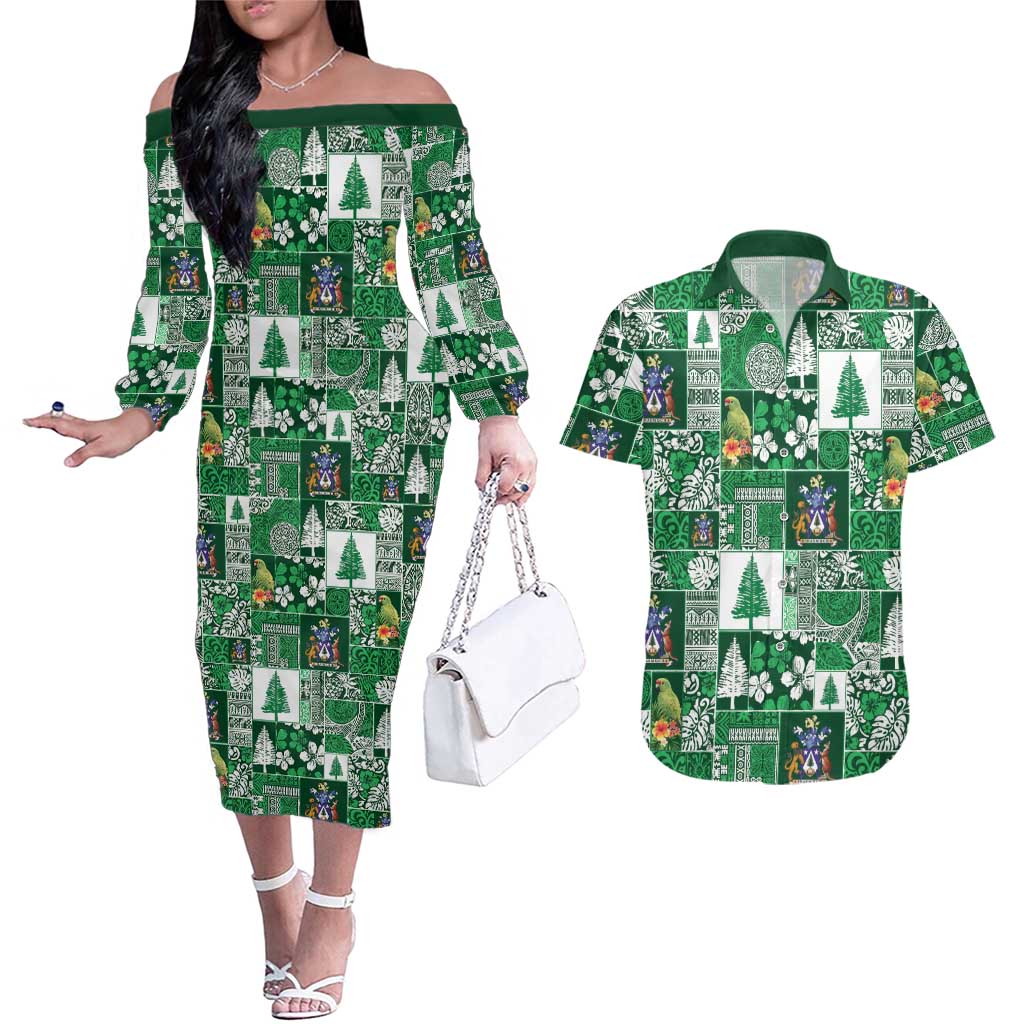 Norfolk Island Meri Krismas Couples Matching Off The Shoulder Long Sleeve Dress and Hawaiian Shirt Pacific Patchwork Xmas Vibes - Polynesian Pride