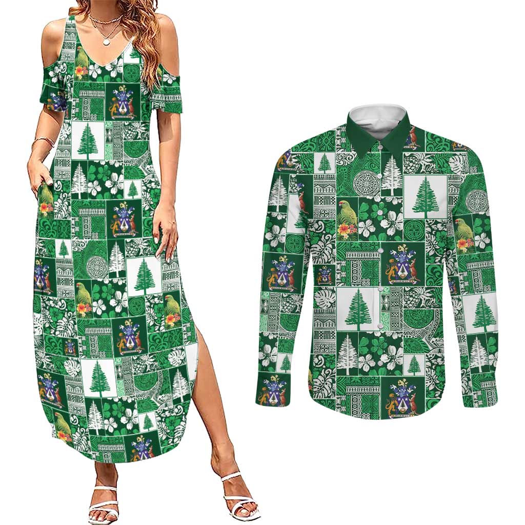 Norfolk Island Meri Krismas Couples Matching Summer Maxi Dress and Long Sleeve Button Shirt Pacific Patchwork Xmas Vibes - Polynesian Pride